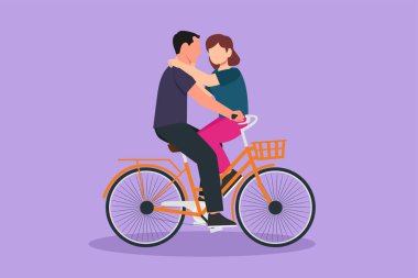 Birlikte bisiklete binen romantik çiftin grafiksel düz tasarım çizimi. Mutlu erkek ve kadın bisikletçi sarılıp öpüşüyor. İnsanlar dışarıda eğleniyor. Çizgi film biçimi vektör illüstrasyonu