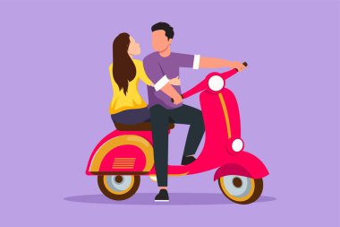 Mobilet klasiği olan, düğün öncesi konsepti olan düz çizimli bir çift. Motosikletli mutlu bir adam ve sevimli bir kadın, aşk dolu bir ilişki. Romantik yolculuk, yolculuk. Çizgi film tasarım vektör çizimi