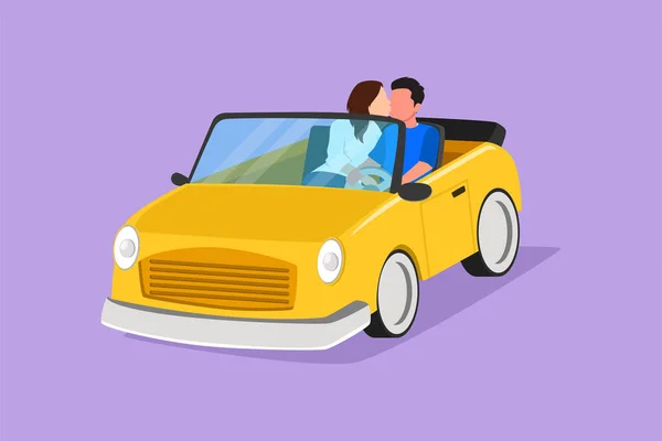 stock vector Character flat drawing of romantic couple riding car going on road trip. Man driving cabriolet car while woman hugging kissing her boyfriend. Summer vacation travel. Cartoon design vector illustration