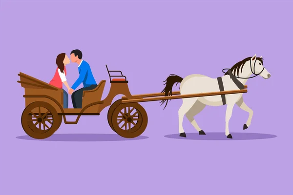 キャラクターフラット描画結婚式ロマンチックなカップルはお互いにキスしようとしています 男と女は結婚したばかり 馬に引っ張られた馬車に座っているハッピーな花嫁とグロム 漫画デザインベクターイラスト — ストックベクタ