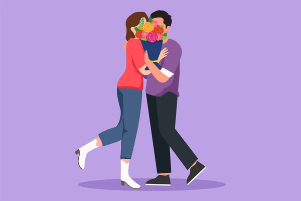 Graficzny Płaski Projekt Rysunek Młoda Romantyczna Para Przytulanie Całowanie Się — Wektor stockowy