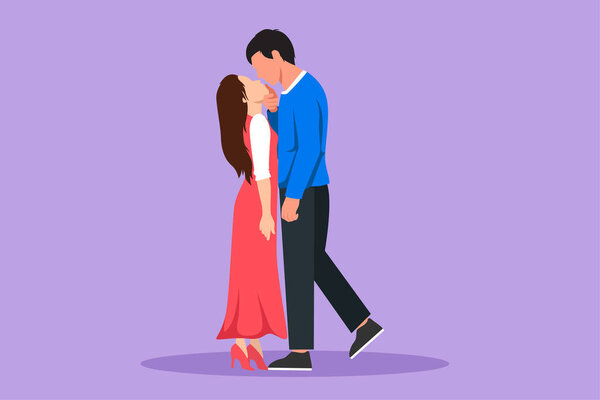 Cartoon flat style drawing dominant relationship. Romantic couple in love kissing and hugging. Happy handsome man and pretty woman celebrating wedding anniversary. Graphic design vector illustration