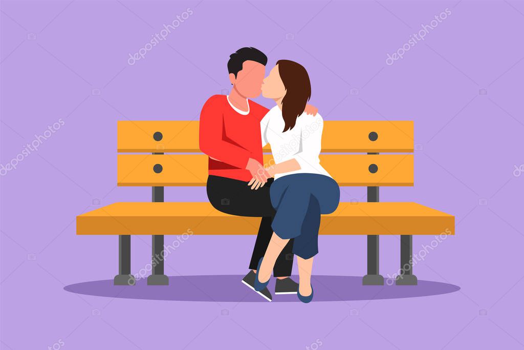 Character flat drawing kissing couple scene. Happy man and pretty woman face to face sitting on park bench and kissing each other. Romantic couple dating in spring. Cartoon design vector illustration