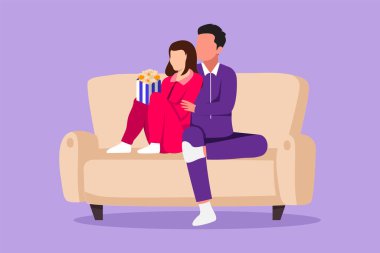 Çizgi filmlerdeki gibi evde oturup film izleyip patlamış mısır yiyen romantik bir çift çiziyor. Yurt içi rahatlama akşamı. Mutlu adam ve tatlı kadın rahat koltukta. Grafik tasarım vektör çizimi