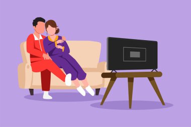 Kanepede oturup televizyon izleyen neşeli çifti çizen karakter. Mutlu adam ve güzel kadın oturma odasında dinleniyor. Romantik çift birlikte eğleniyor. Çizgi film tasarım vektör çizimi