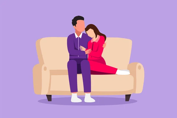 卡通平面风格的画 快乐浪漫的夫妻拥抱在一起 男人和女人在家里的沙发上休息 男人在舒适的客厅里拥抱女人 快乐的家庭生活图形设计矢量说明 — 图库矢量图片