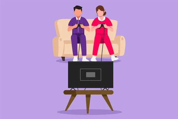 性格平平的年轻夫妇坐在沙发上玩电脑游戏和看电视 一对浪漫的夫妇在家里闲暇时间 卡通设计矢量图解 — 图库矢量图片