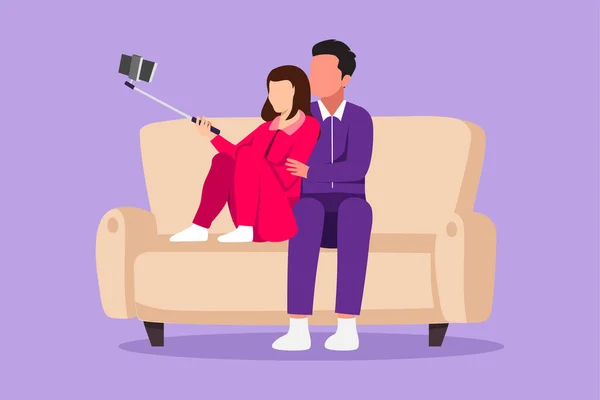 Cartoon Flachbild Zeichnung Mann Und Frau Machen Selfie Auf Smartphone — Stockvektor