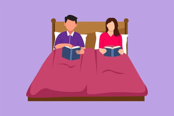 Karakter Platte Tekening Getrouwd Echtpaar Lezen Boek Voor Het Slapen — Stockvector
