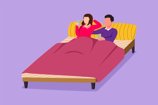 平面平面设计描绘的夫妻躺在床上 看着手机在小玩意上玩游戏 家庭业余时间 男人和女人在卧室里呆着 卡通风格矢量插图 — 图库矢量图片