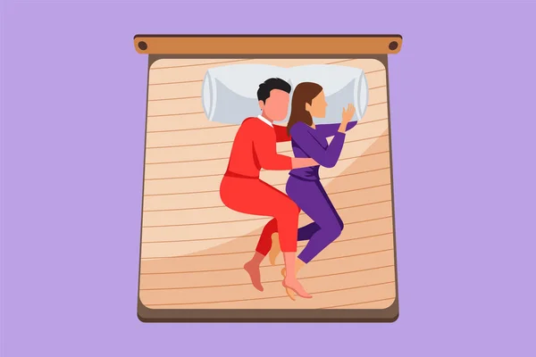 若いロマンチックなカップルを抱きしめ ベッドに横たわるグラフィックフラットデザイン 愛する人は優しく 慎重にお互いを受け入れる 甘い夢 愛や睡眠のささやかな言葉 漫画スタイルベクターイラスト — ストックベクタ