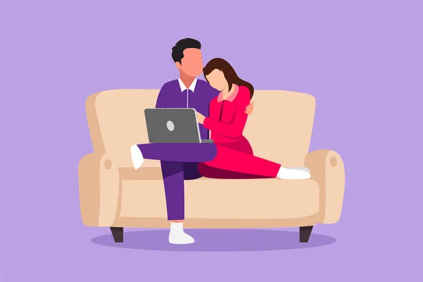 漫画のフラットスタイルの描画居間のコンセプト ロマンチックな若いカップルは 優しくソファーにこだわり ラップトップで映画を見ています インテリアで幸せな家庭生活 グラフィックデザインベクターイラスト — ストックベクタ