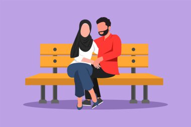 Grafik düz tasarım parkta flört eden romantik Arap çiftleri çiziyor. Şehir parkında bankta oturan kadın ve erkek. Mutlu bir aile. Samimiyet evlilik yıldönümünü kutlar. Çizgi film biçimi vektör illüstrasyonu