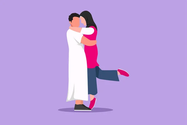 漫画フラットスタイル描画ロマンチックなアラブカップル恋愛キスと抱擁 結婚記念日を祝う美しい女性を運ぶ幸せな男 カップルはお互いに抱き合っている グラフィックデザインベクターイラスト — ストックベクタ