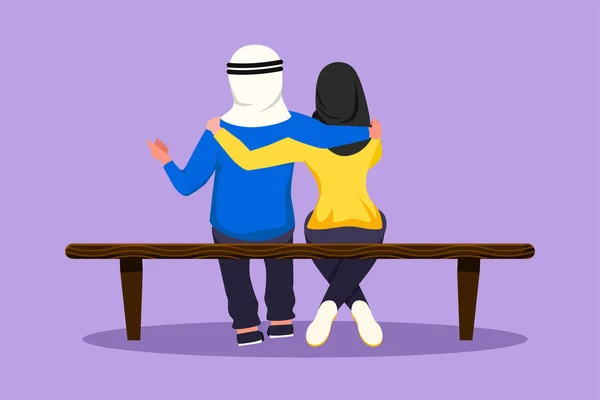 角色平展背影浪漫的阿拉伯夫妇坐在长椅上聊天拥抱 幸福的夫妇准备结婚了 恋爱关系 卡通设计矢量图解 — 图库矢量图片