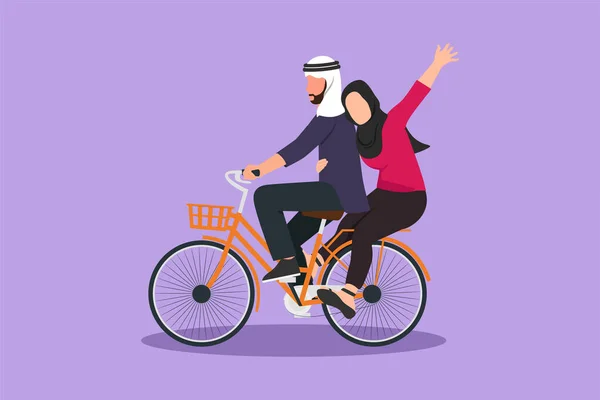 Çizgi Film Düz Çizim Romantik Arap Çifti Bisiklet Sürerken Eğleniyor — Stok Vektör
