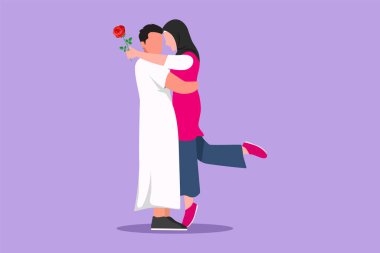Grafik düz tasarım, kıza gül veren Arap erkeği çiziyor. Aşık bir adam çiçek veriyor. Mutlu çift düğüne hazırlanıyor. Nişan ve aşk ilişkisi. Çizgi film biçimi vektör illüstrasyonu