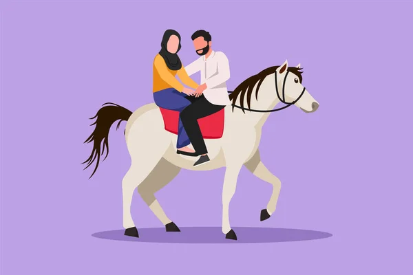 Karakter Datar Menggambar Romantis Arab Pasangan Jatuh Cinta Menunggang Kuda - Stok Vektor