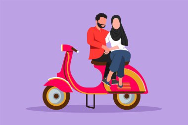 Çizgisel düz tasarım çiftlerin seyahat rahatlığını çiziyor. Romantik Arap balayı anları motosiklette oturup konuşuyor. Erkek ve kadın mobilete biniyor. Çizgi film biçimi vektör illüstrasyonu