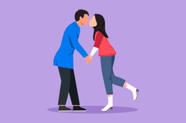 Grafi düz tasarım, dudakları öpüşmeye kilitlenmiş kadın ve erkek çiftin romantizmini çiziyor. Mutlu Arap çift aşıkları öpüşüyor ve el ele tutuşuyor. Aşık bir adam ve kadın. Çizgi film biçimi vektör illüstrasyonu