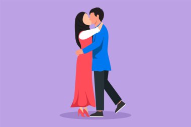Grafik düz tasarım, birbirini seven çiftleri öpüşüp kucaklıyor. Romantik çift aşıkları öpüşüyor ve el ele tutuşuyor. Arap erkek ve kadın evlilik yıldönümünü kutluyorlar. Çizgi film biçimi vektör illüstrasyonu