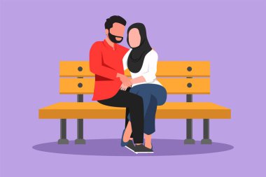 Grafik düz tasarım, öpüşen çift çizimi. Mutlu adam ve kadın yüz yüze park bankında oturuyor ve öpüşüyorlar. Baharda çıkan romantik Arap çift. Çizgi film biçimi vektör illüstrasyonu