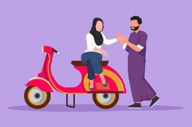 Çizgisel düz tasarım çiftlerin seyahat çizimleri. Motosiklette oturup romantik balayı anları. Güzel bir kadınla mobilete binen Arap bir adam. Çizgi film biçimi vektör illüstrasyonu