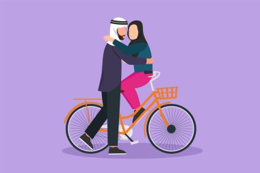 Çizgi film düz stil. Bisiklette oturup öpüşen romantik bir Arap çift çiziyor. İlişkiler, aşk hikayesi, balayı macerasında yeni evli bir aile. Grafik tasarım vektör çizimi