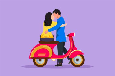 Çizgi film düz stil mutlu bir Arap erkeği ve kadını motosiklette öpüşürken gösteriyor. Scooter, seyahat, macera, sürüş konsepti. Aile çiftleri scooter ile seyahat eder. Grafik tasarım vektör çizimi