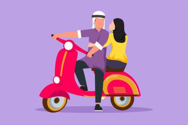 Mobiletli, düğün öncesi mobiletli, düz çizimli Arap bir çift. Motosikletli mutlu bir adam ve sevimli bir kadın, aşk dolu bir ilişki. Romantik yolculuk, yolculuk. Çizgi film tasarım vektör çizimi