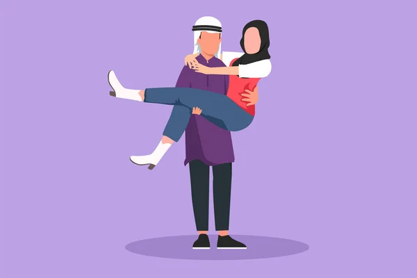 卡通平面风格的画浪漫的阿拉伯女性爱上了吻膝上的男性 带着美女的快乐男人庆祝结婚周年纪念日 可爱浪漫的夫妇 图形设计矢量说明 — 图库矢量图片