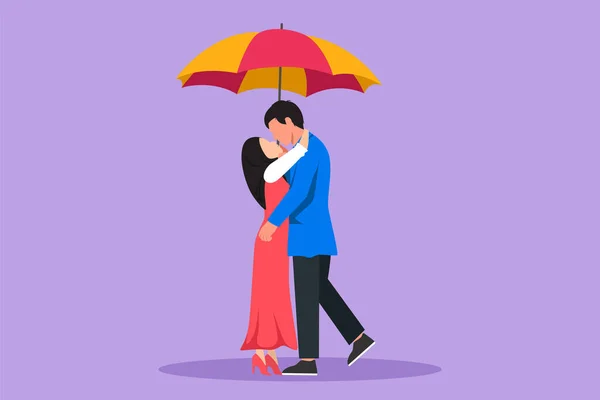 편평한 남자와 우산의 여자는 키스합니다 로맨틱 아라비아 비오는 데이트하는 소년과 — 스톡 벡터