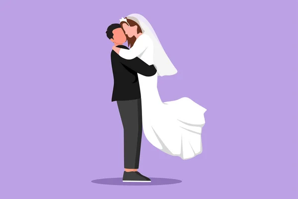 漫画フラットスタイルの描画 ロマンチックな結婚したカップル恋愛キスとウェディングドレスで抱擁 結婚式のパーティーで美しい女性を運ぶ幸せな男 グラフィックデザインベクターイラスト — ストックベクタ