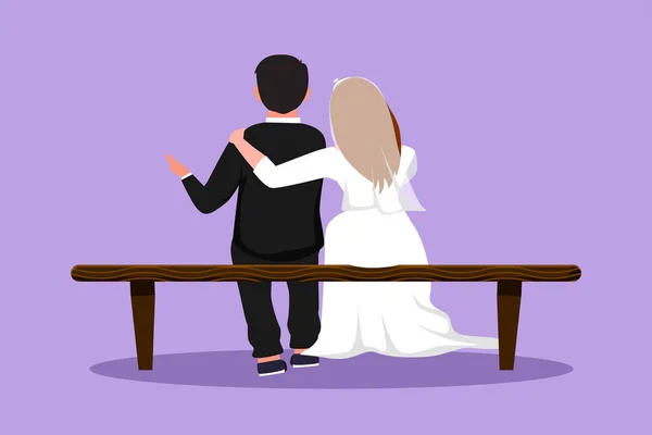 Çizgi Film Düz Stil Parkta Bankta Oturan Evli Çifti Kucaklama — Stok Vektör