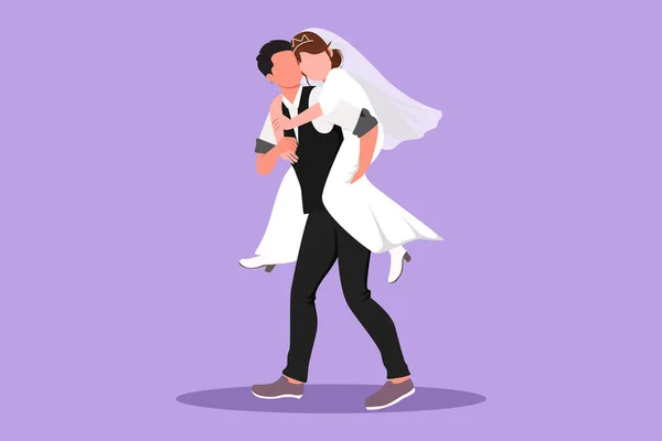 Grafikus Lapos Rajz Férj Hordozza Feleségét Hátán Romantikus Pár Esküvői — Stock Vector