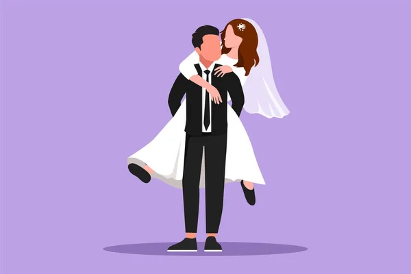 ウェディングドレスで女性を運び 抱擁するスーツを持つ幸せな男性のキャラクターフラットデッサン 恋するロマンチックなカップル カップル関係は結婚式を祝う 漫画デザインベクターイラスト — ストックベクタ