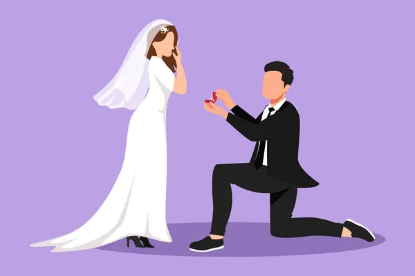 カートゥーンフラットスタイルの描画男性は婚約指輪を保持し 女性は結婚式のドレスと結婚することを提案します 女の子が結婚することを提案する膝の上の男 グラフィックデザインベクターイラスト — ストックベクタ