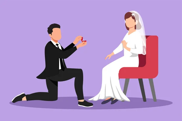 グラフィックフラットデザインの男性は 結婚式のドレスと椅子に座ってリングを与えている間 女性に結婚の提案を行います ブライドとグロムは婚約を祝う 漫画スタイルベクターイラスト — ストックベクタ