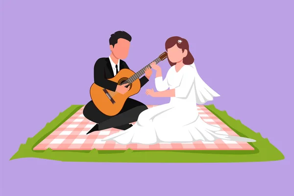 그래픽 디자인 그리기 자연에 로맨틱 기타에 음악을 귀여운 결혼식 파티에서 — 스톡 벡터