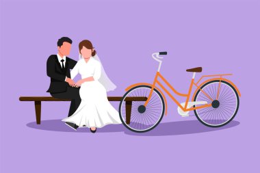 Çizgi filmlerdeki gibi romantik evli çiftler bankta otururken sohbet ediyorlar. Mutlu çift bisiklete binmekten dinleniyor. Gelinliğe aşık bir adam ve kadın. Grafik tasarım vektör çizimi