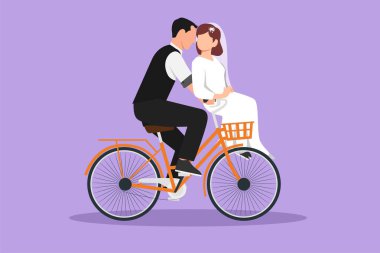 Çizgi film düz stil, bisiklete binen romantik evli çiftleri çiziyor. Yakışıklı bir adam ve güzel bir kadın gelinliğe aşık. Mutlu evli çift bisiklete biniyor. Grafik tasarım vektör çizimi