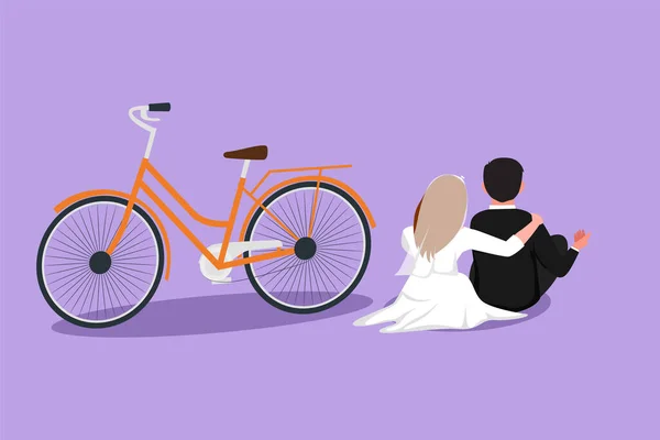 ロマンチックな結婚したカップルが隣の自転車で屋外に座っている姿を描いたグラフィックフラットなデザイン ウェディングドレスを着て愛する幸せな男と美しい女性 漫画スタイルベクターイラスト — ストックベクタ