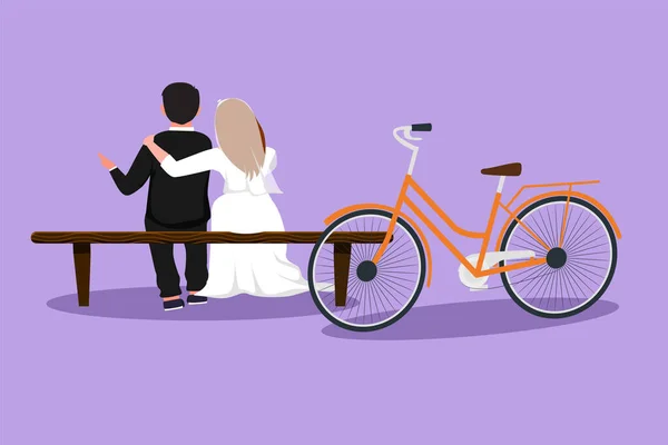 キャラクターフラット描画 ベンチに座っている間 ロマンチックな夫婦のチャットや話のバックビュー 自転車に乗るウェディングドレスを持つスーツと女性とハッピーな男 漫画デザインベクターイラスト — ストックベクタ