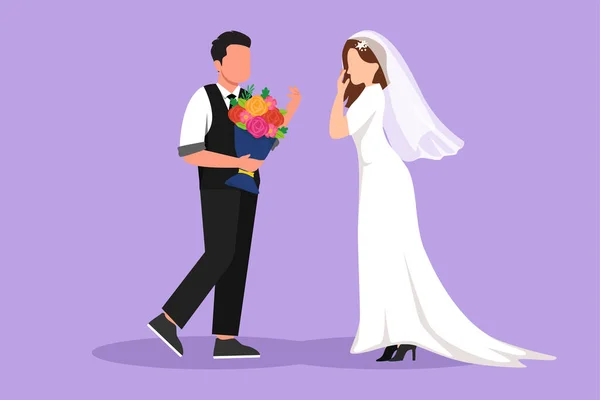 漫画フラットスタイルの描画幸せな男性ブーケで女性にプロポーズ結婚 少年は彼女がウェディングドレスを着て花を贈るのを驚かせます 恋愛関係 グラフィックデザインベクターイラスト — ストックベクタ