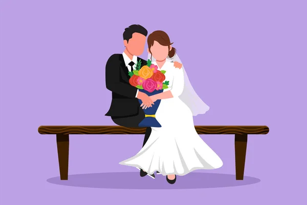 グラフィックフラットデザインの男は女性に花を与え ベンチに抱きしめる 結婚式の日に花束を女性に贈る男 ロマンチックな夫婦が恋に落ちた 漫画スタイルベクターイラスト — ストックベクタ