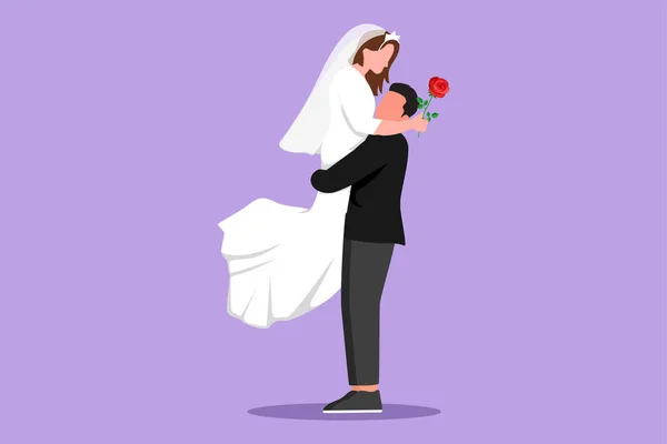 Персонаж Плоский Рисунок Счастливый Мужчина Поднять Женщину Свадебном Платье Цветочком — стоковый вектор