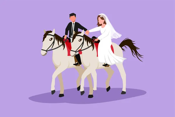 カートゥーンフラットスタイルの描画結婚したカップルライディング馬と結婚したウェディングドレス 美女と結婚する男 エンゲージメントと愛の関係 グラフィックデザインベクターイラスト — ストックベクタ