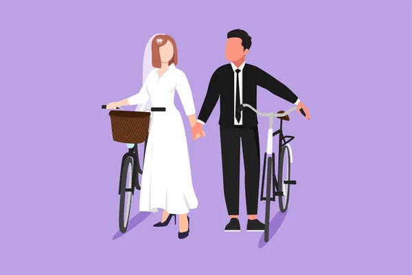 幸せな結婚した夫婦のグラフィックフラットデザイン図は 夏の日に自転車で森の道を歩いています ロマンチックな男性と女性は ウェディングドレスを着るのが大好きです 漫画スタイルベクターイラスト — ストックベクタ