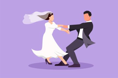 Çizgi filmlerdeki gibi mutlu bir çocuk ve güzel bir kız düğün partisinde yerde dans ediyor. Romantik genç evlilik çifti el ele tutuşup etrafta dönüyorlar. Grafik tasarım vektör çizimi