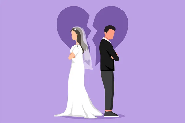 離婚した夫婦を描いた漫画のフラットスタイルは 欲求不満です 関係は壊れ 心が壊れ 結婚式のドレスと反対の方向に直面するカップル グラフィックデザインベクターイラスト — ストックベクタ
